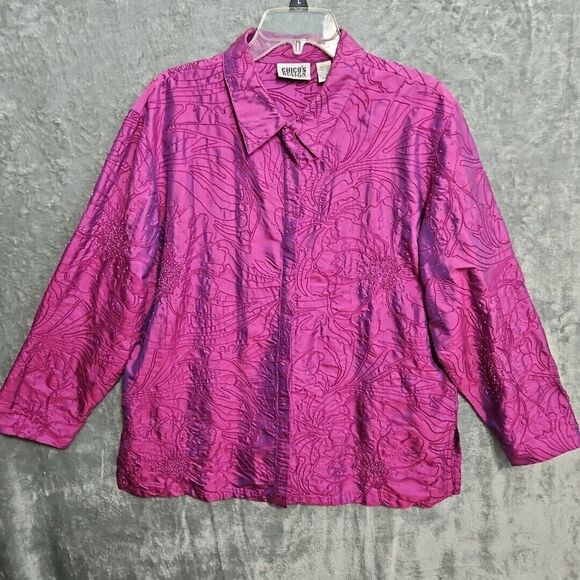 Chico's Design Sz XL Silk Blouse Reflective Pink Beaded Embroidery - Picture 1 of 13